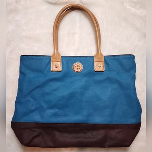 TORY BURCH Jaden Blue Brown Canvas Leather Tote Bag